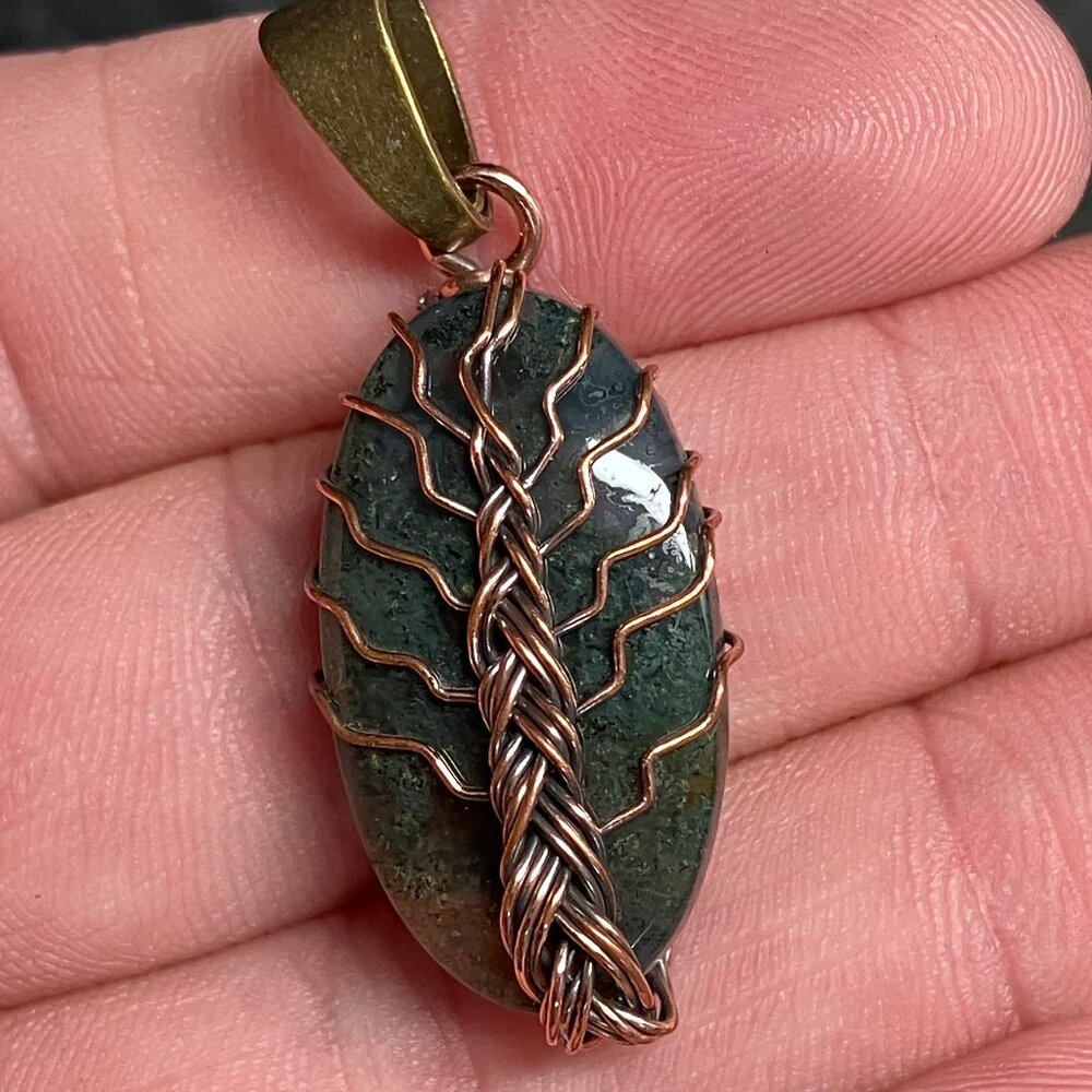 Moss Agate Copper Wire Wrapped Tree of Life Pendant Stone Crystal Jewelry